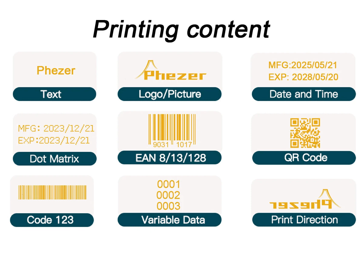 Phezer P17 Handheld Inkjet Printer 12.7mm Portable Date Coder 28 Languages Print Expiry Batch QR Barcode Logo in Yellow Ink