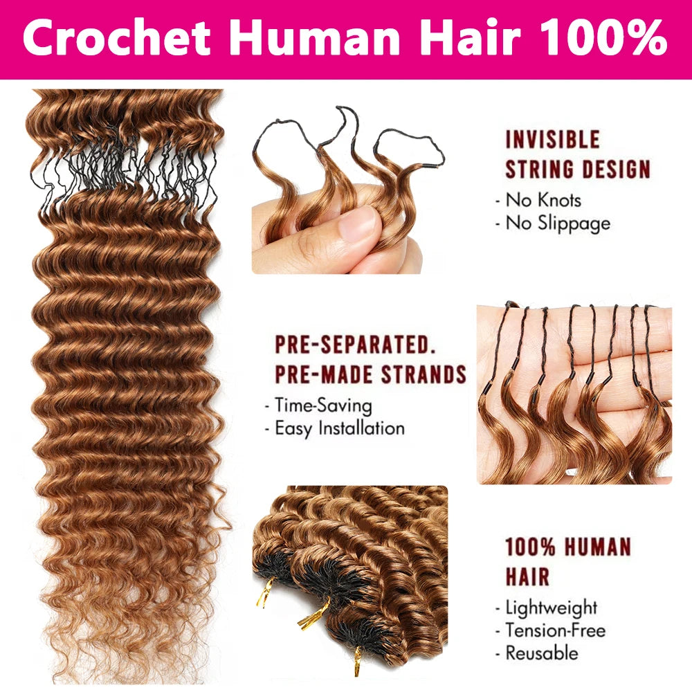 #30 Deep Wave Bundles Burmese Curly Crochet Hair Honey Blonde Feather Crochet Human Hair 100% Miracle Knots Crochet Human Hair