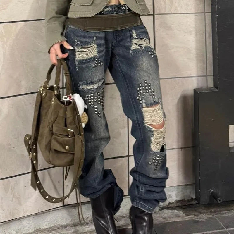 American Vintage Streetwear Full-Length Jeans Distressed Women Casual Y2k Grunge Retro Ripped Bodycon Denim Pants Hot Girl