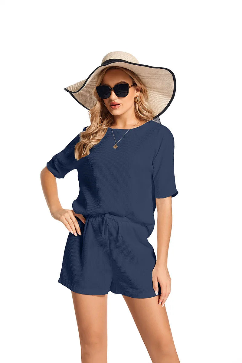2024 New Two Piece Set For Women Short Sleeve Foreign Style Bat T Shirt Fashion Solid Color Shorts 2 Piece Sets Women Outfits