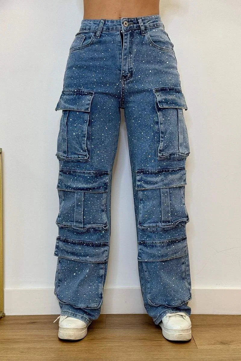 New 2026 Women's High Waist Cargo Denim Jeans with Full Rhinestones Sparkling Casual Baggy Pants Streetwear Chic Daily Trousers