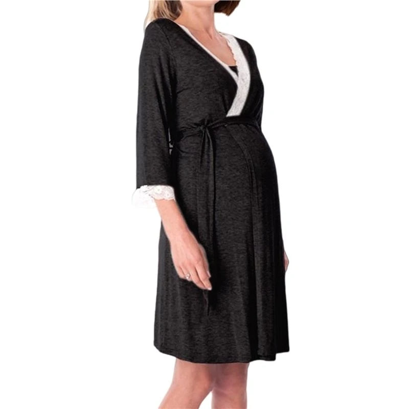 Women's Maternity Robe Pregnancy Breastfeeding Bathrobes Labor Delivery Nightgowns Black S