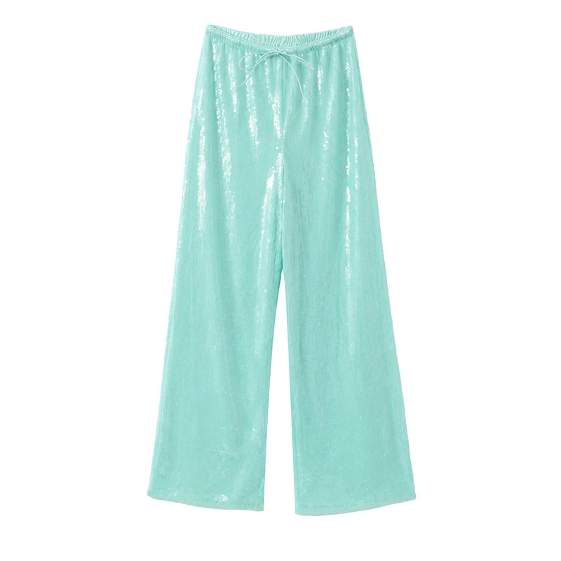 Solid Sequin Elastic Waist Pants Women Loose Fashion Lace Up Wide Leg Trousers Female 2026 Spring Summer Chic Streetwears Outfit