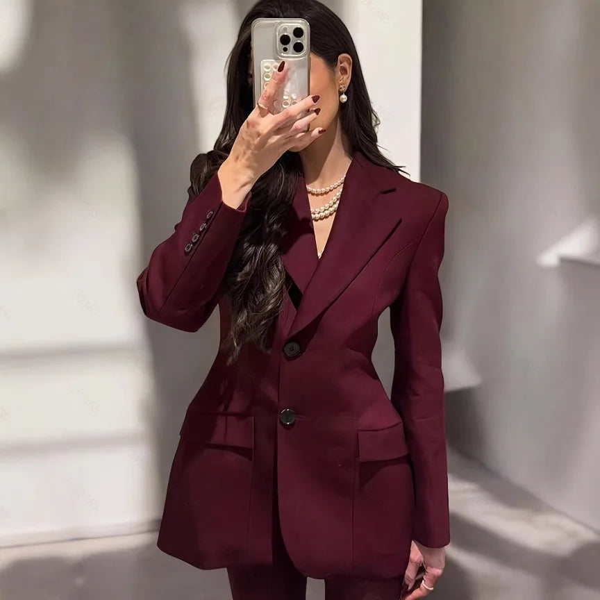 KIDCRKJ Elegant Women Spring Suit Coat Burgundy Cinched Waist Lapel Collar Slim Female Blazer Coat Instagram-Style Lady Jacket