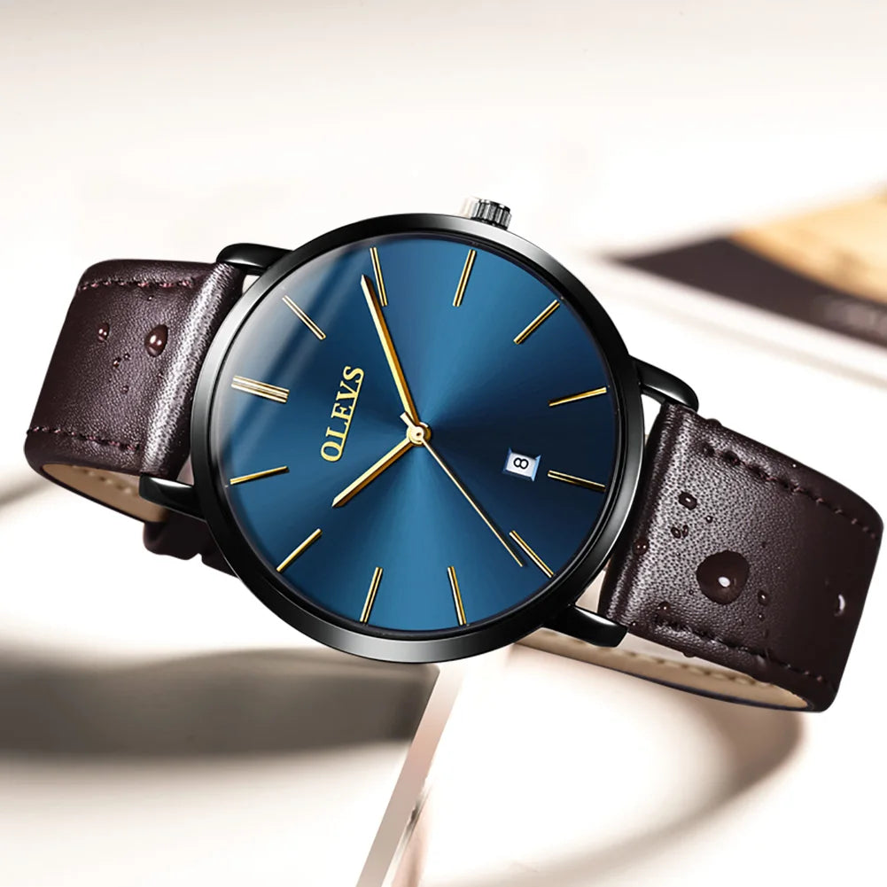 OLEVS 5869 Ultra Thin 6.5mm Quartz Watch for Men Fashion Leather Strap Simple Luxury Auto Date Clock Men's Wristwatch Waterproof