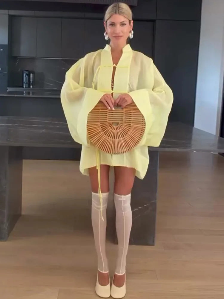 Loose Women's Frog Buttons Mandarin Shirts See Through Stand Collar Full Sleeve Blouses 2026 Summer Lady Cotton Linen Outwear