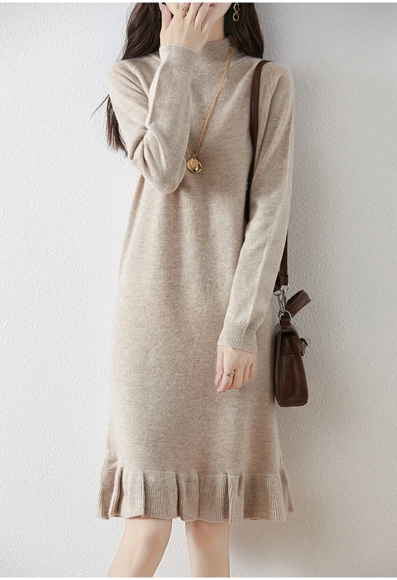 Women's Pure Wool Knitted Dress, High Collar, Pleated, Casual, Fashionable, Warm, 2024 Autumn And Winter