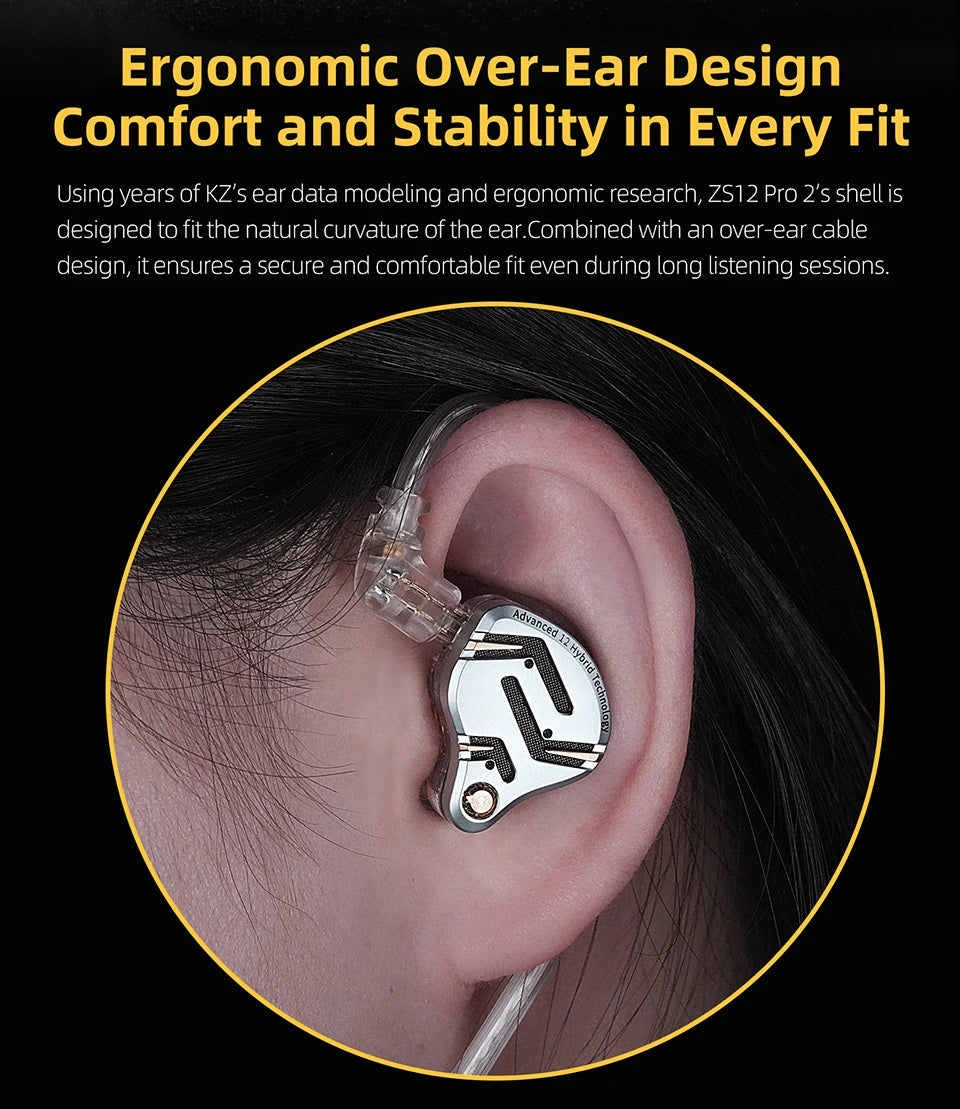 KZ ZS12 PRO 2 1DD + 5BA Hybrid HiFi In Ear Earphones Improved Bass Monitor Headphones Detachable Wire Earbuds Gaming Headest