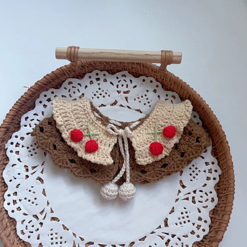 Small Pet Collar Knitted Double-Layer Cherry Cat Necklace Elastic Soft Dog Bibs Pet Scarf Cute Pet Accessories