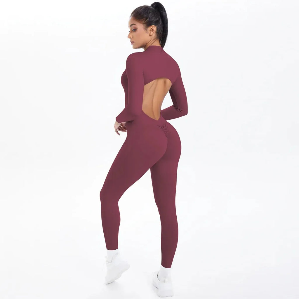 Women's Seamless Yoga Jumpsuits Sports Fitness Zipper Open Back Breathable One-Piece Bodysuits for Gym Running Fitness Workout