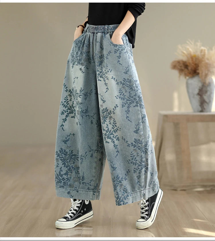 Spring Summer Retro Printed Denim Pants for Women Good Quality Elastic Waist Jeans Loose Casual Wide Leg Straight Trouser