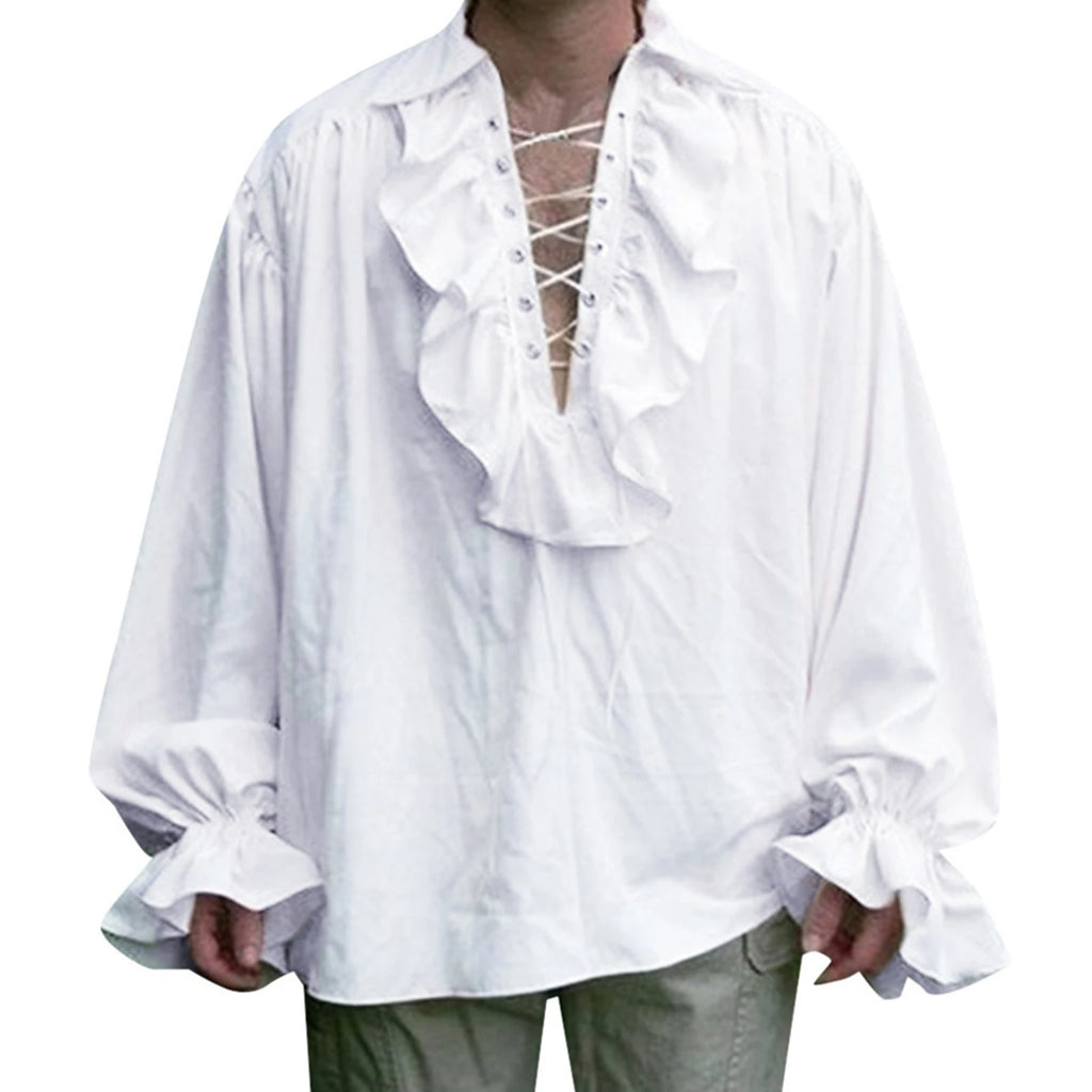 Medieval Mens Renaissance Costume Ruffled Shirts Long Sleeve Lace Up Steampunk Pirate Shirt Cosplay  Stage Costume for Women