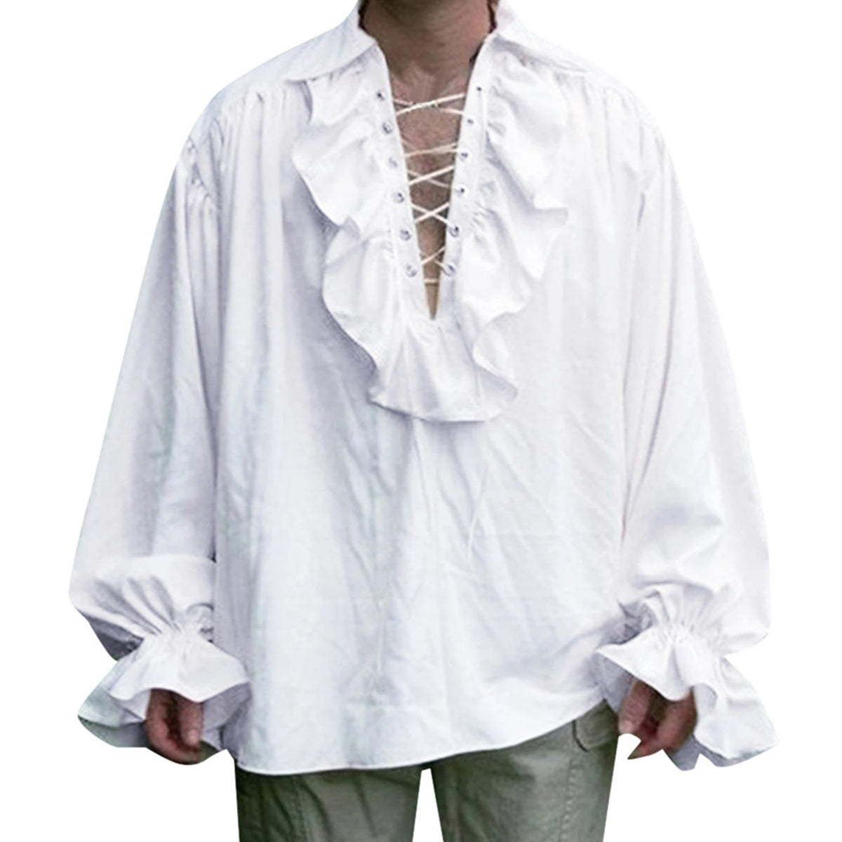 Medieval Mens Renaissance Costume Ruffled Shirts Long Sleeve Lace Up Steampunk Pirate Shirt Cosplay  Stage Costume for Women