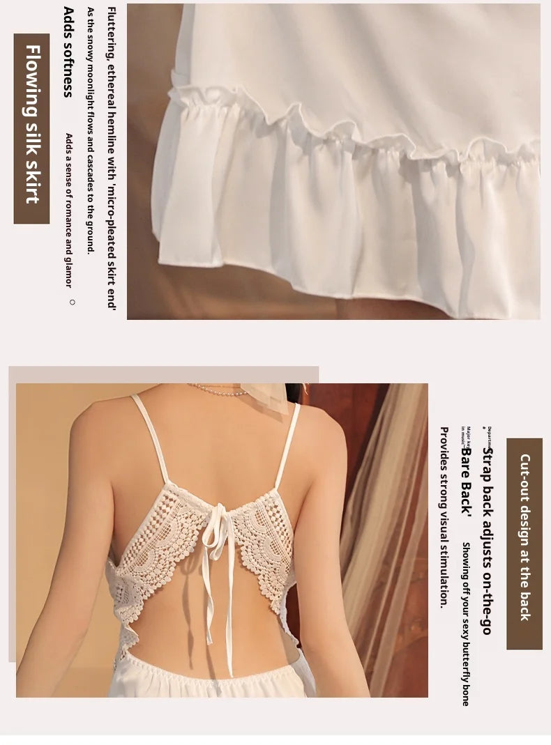 Women Satin Sleepwear Deep V Neck Lace Trim Ruffle Hem Chemise Nightgown