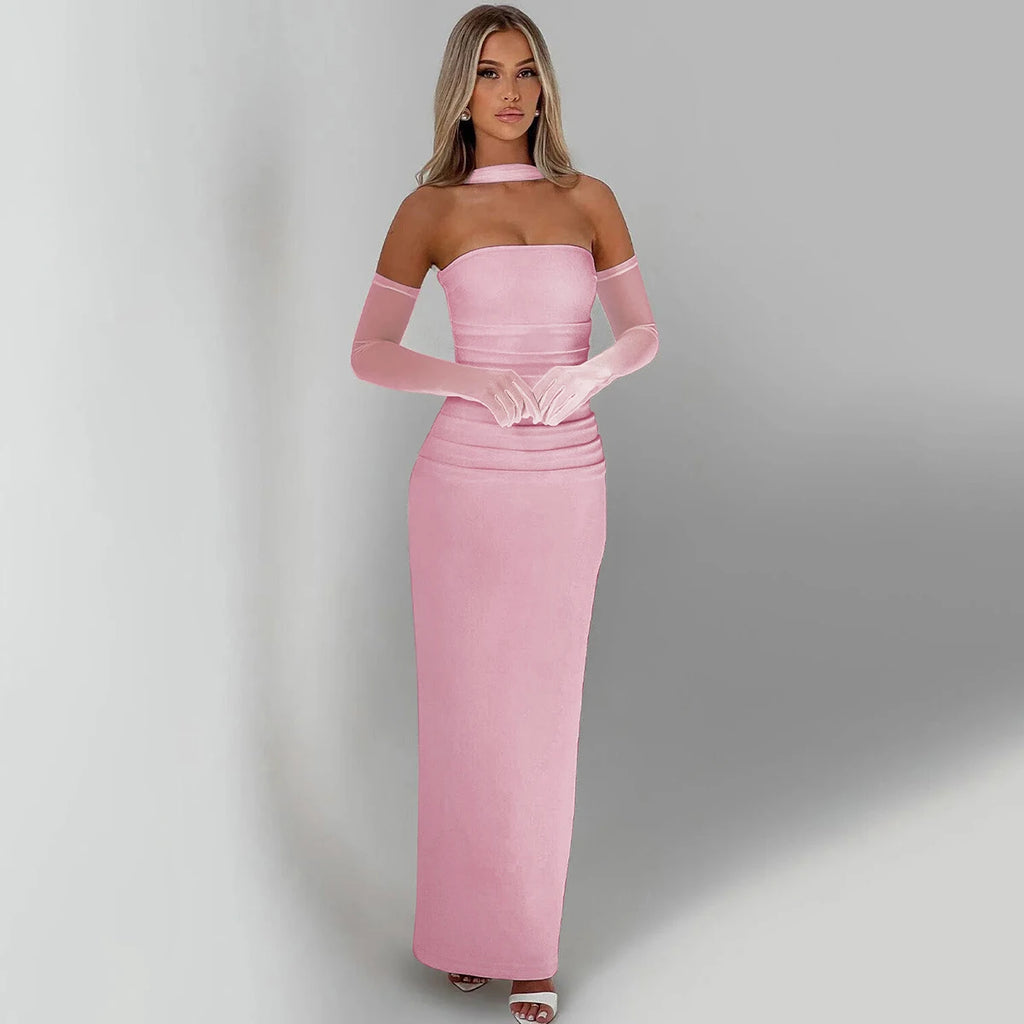 Hugcitar Elegant Scarf Strapless Solid Mesh Gloves Sexy Bodycon Maxi Prom Dress Women Fashion Y2K Outfits Wedding Party Birthday