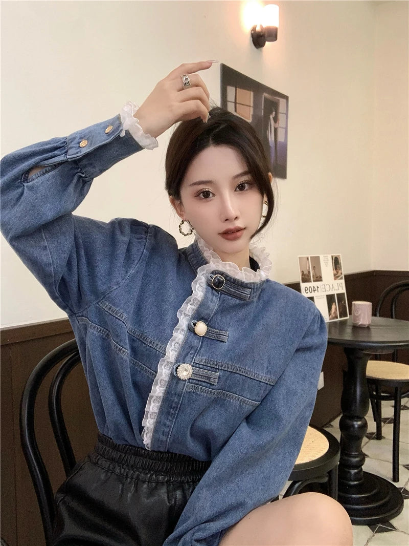 2025 Spring Lace Denim Shirt Women Fashion Patchwork Long Sleeve Blouse Female Loose Stand Collar Button Down Jean Shirts Woman
