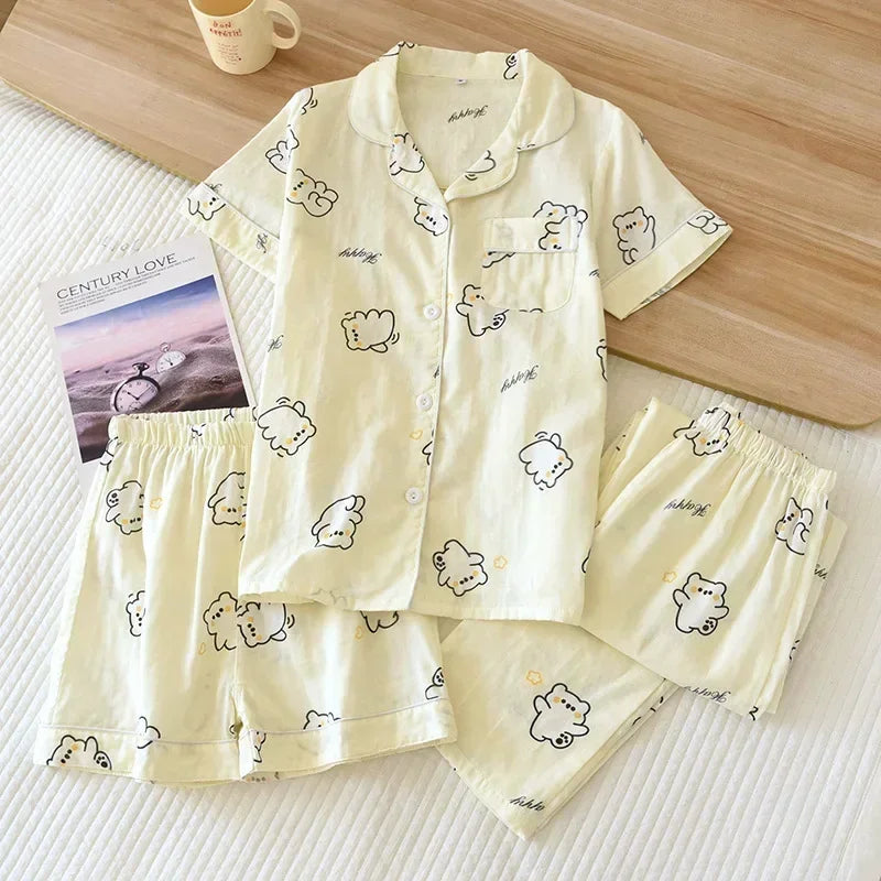 Three-piece Japanese-style pajamas women spring and summer autumn 100% cotton gauze short-sleeved shorts trousers summer suit ho