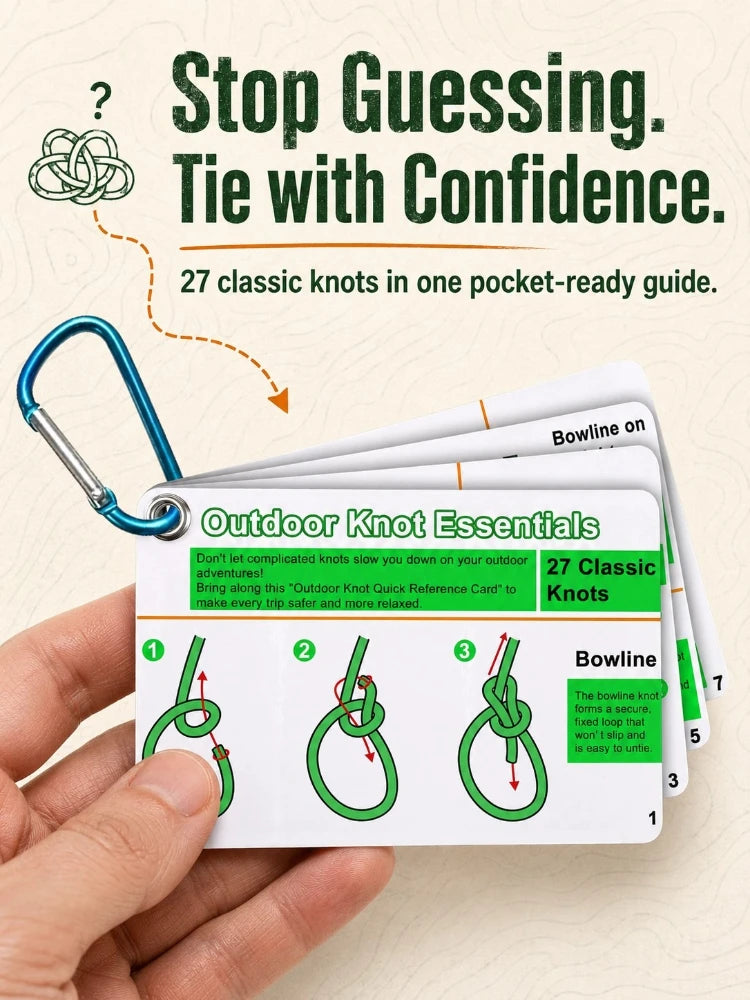 Outdoor Knot Tying Guide Cards Waterproof Plastic Reference Carabiner Survival Emergency Tools For Hikers Campers Scouts Gifts
