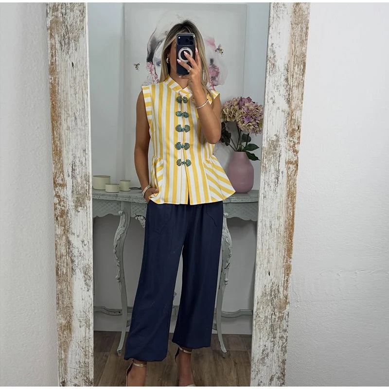 Striped Mandarin Collar Frog Button Ruffle Trim Top Striped Single‑breasted 2026 Summer Women Blouse Versatile Casual Lady Top
