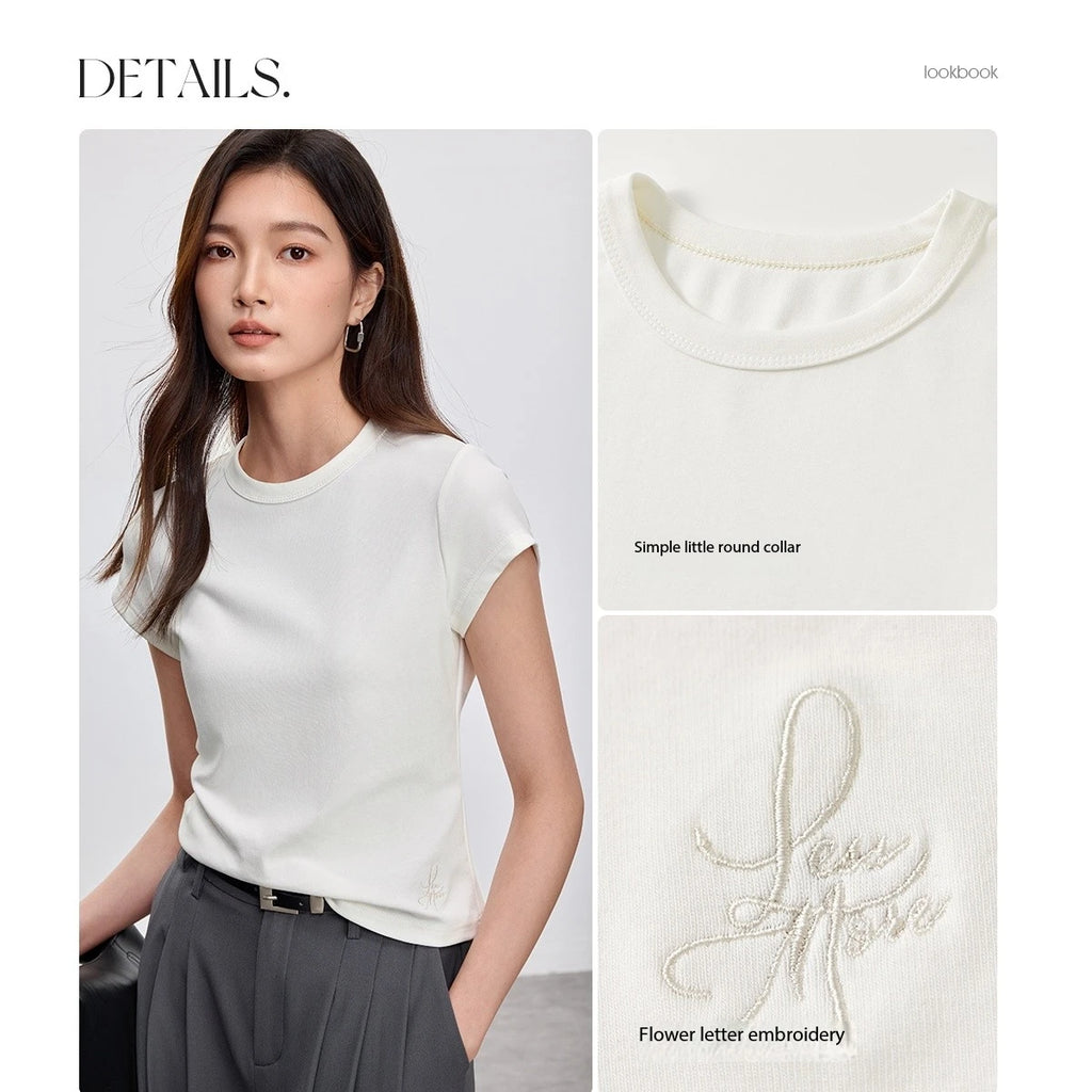 SENTUBILA Women's Slim T-shirt 2025 Spring Summer Fashion Solid Knitted Simple Crewneck Short Sleeve Embroidery Tops 152T59063