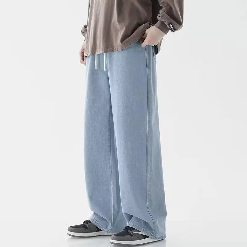 2025 New Korean Men's Casual Long Jeans Classic Man Straight Denim Wide-leg Pants Solid Color Light Blue Grey Black ﻿