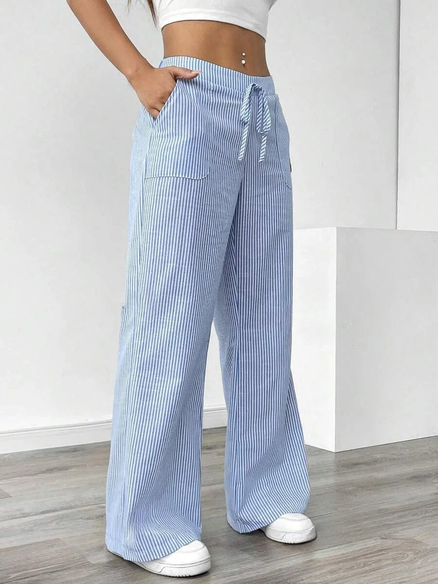 Ladies' Striped Elastic Waist Straight Leg Trousers With Pockets Summer Casual Long Pants Soft Breathable Wide Leg Trousers