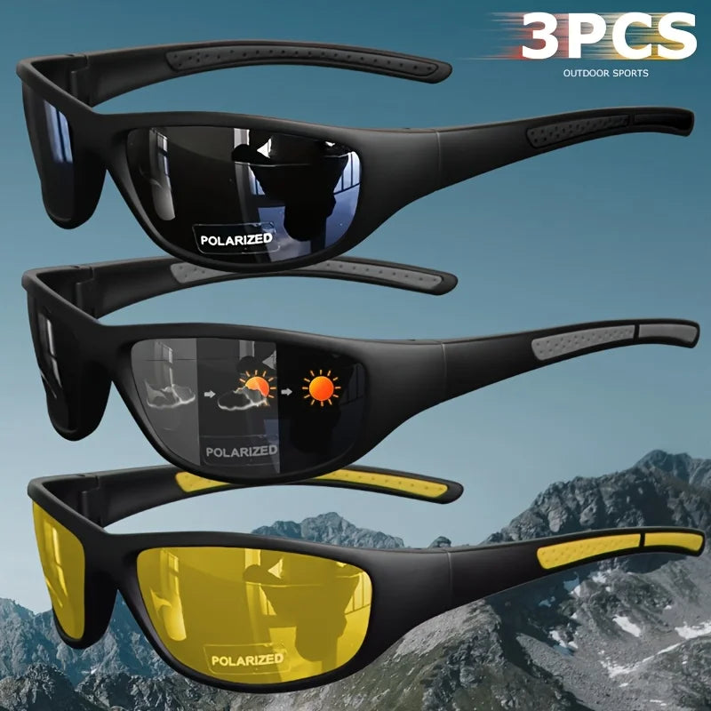 1/3PCS Polarized Sports Sunglasses Set High-Quality Photochromic Wraparound Lenses for Cycling Fishing Driving Night Vision, UV