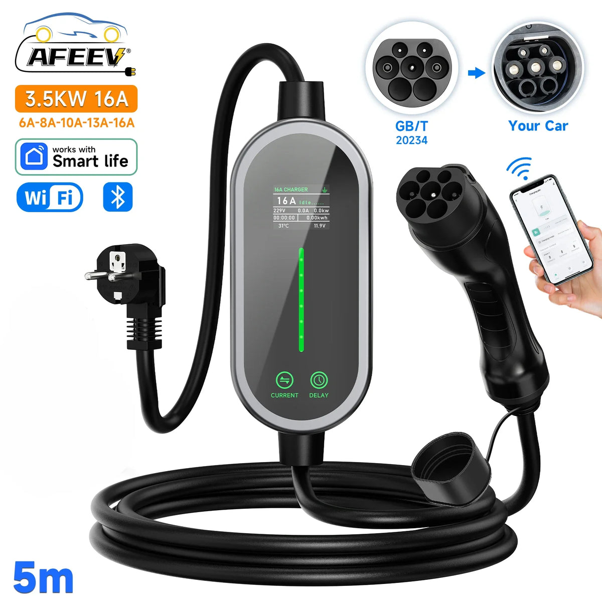 AFEEV Electric Car Charger Type2 Portable Charger 3.5KW 16A Type 1 EVSE EV Charger GBT Wallbox WiFi APP Bluetooth Control