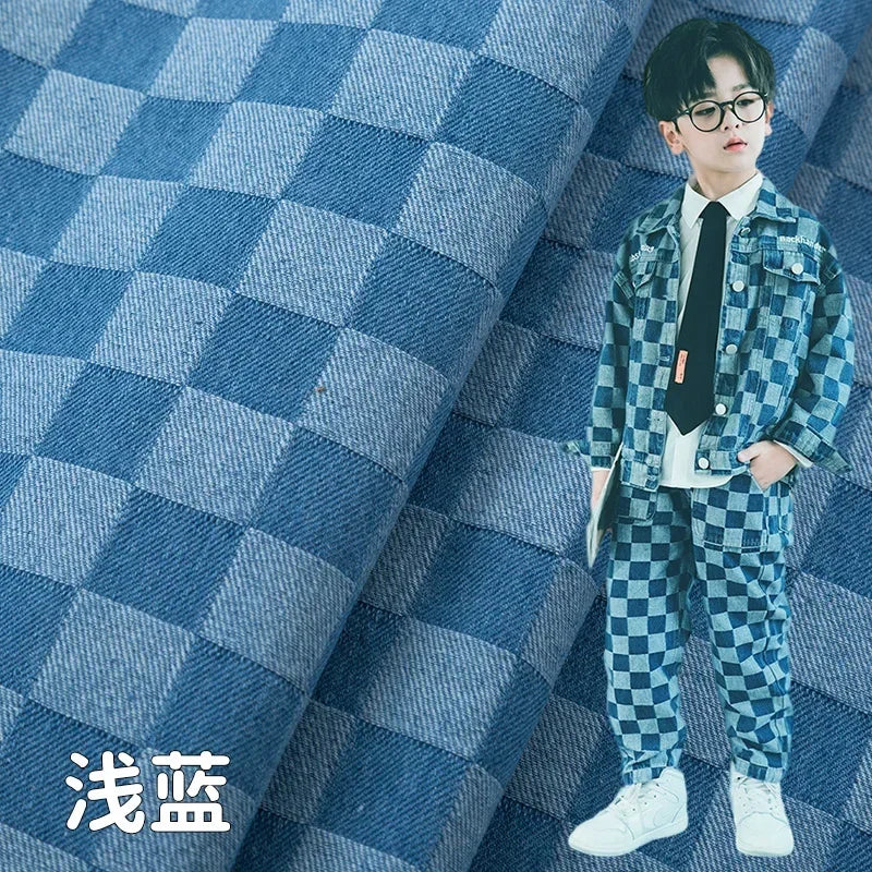 100% Cotton Jacquard Denim Fabric Plaid Jeans By The Meter for Dress Shirt Designer Clothing Sewing Washed Thickened Cloth Blue