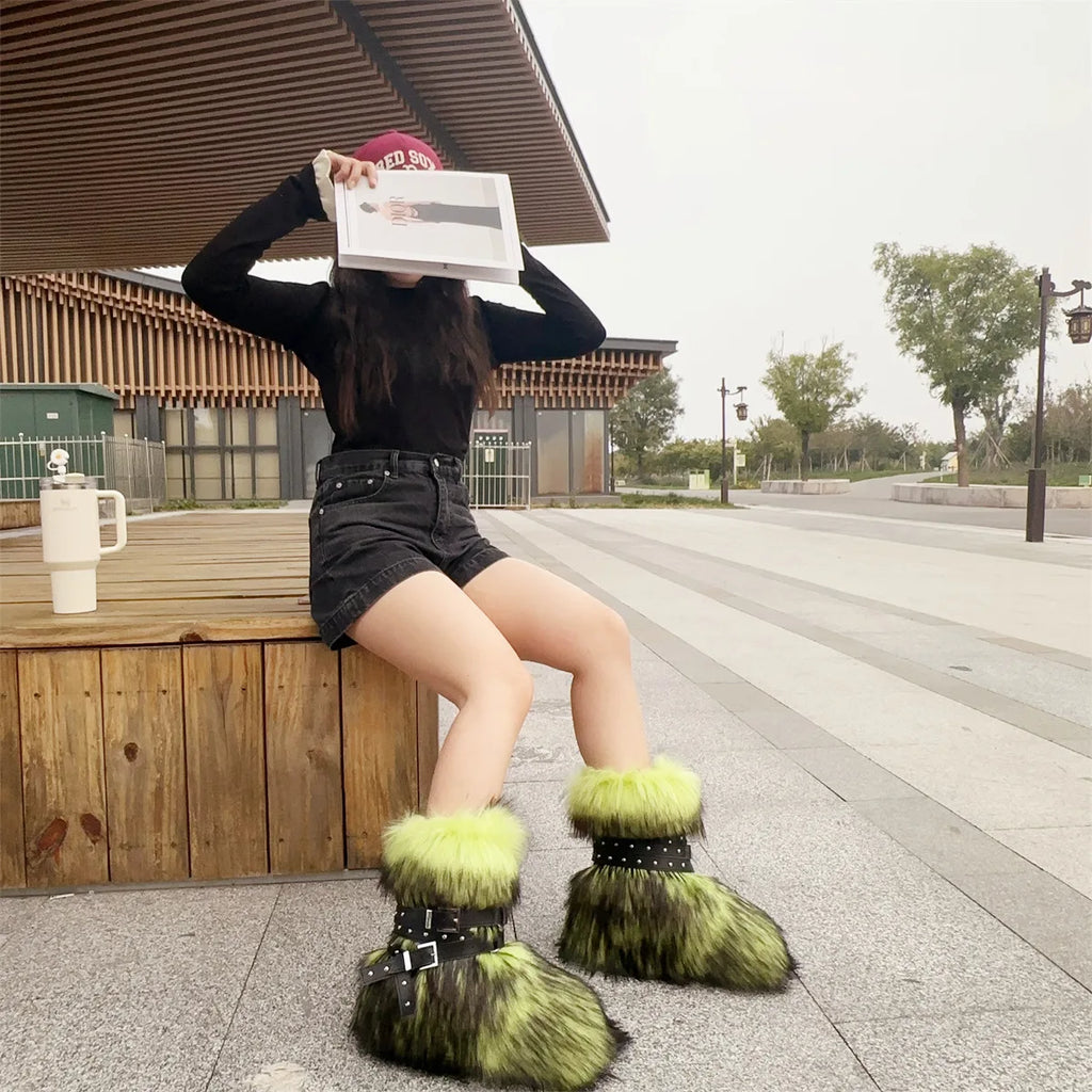 Winter Fur New Design Onepiece Raccoon FurFemale Snow Boots Fur shoes OutdoorMid Leg Boots y2k Cool Pink Girl