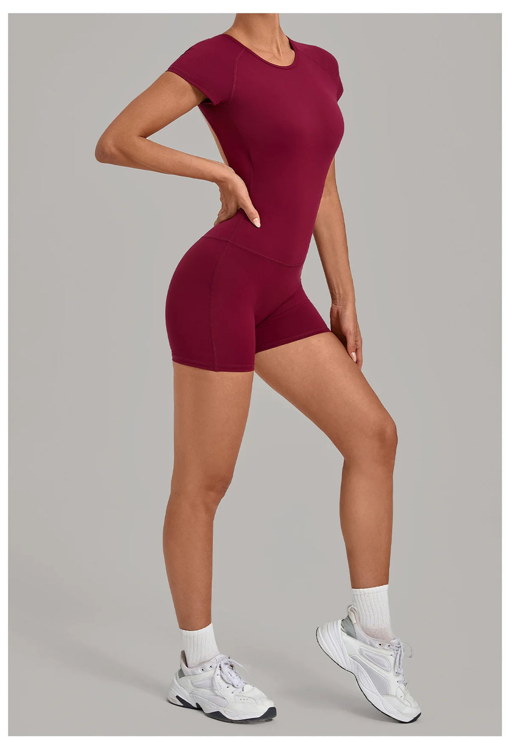 Women Short Sleeve Open Back Yoga Bodysuit Squat Proof Short Jumpsuit Gym Pilates Running Workout Fitness Sport Activewear