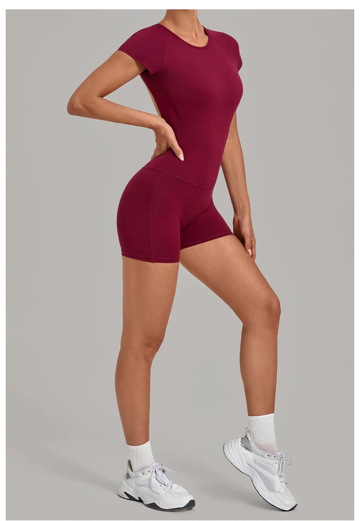 Women Short Sleeve Open Back Yoga Bodysuit Squat Proof Short Jumpsuit Gym Pilates Running Workout Fitness Sport Activewear