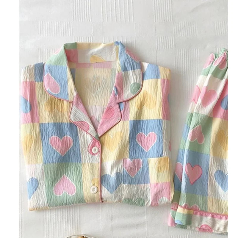 Women's Summer Sweet Cute Multi Heart Pajama Sets Lady Loose Short Sleeve Pants Sleep Two Piece Suits New Homewear Outfits 2025