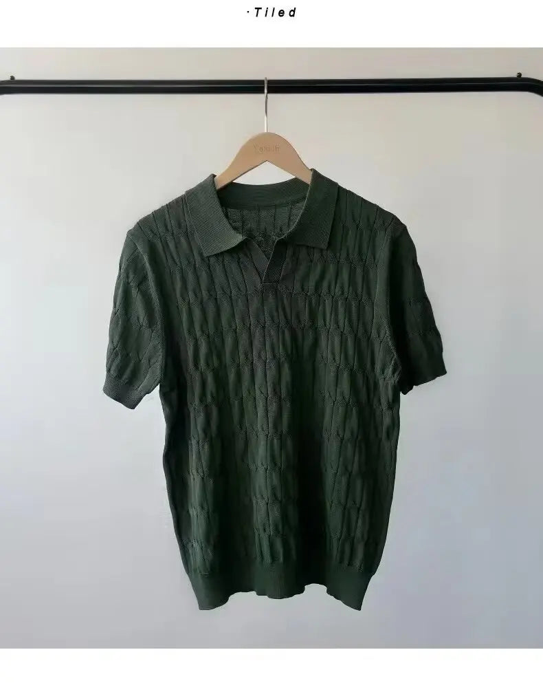 Trendy Polo Shirt for Men Summer Solid Color Top Versatile Knit Style Korean Short Sleeves Casual Fashion T-shirt