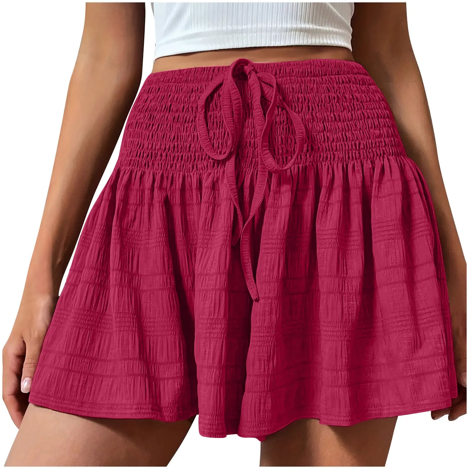 Women Casual High Waist Shorts Skirt Smocked Elastic Drawstring A-Line Flowy Short Skirt Pants Summer Solid Color Beach Skorts