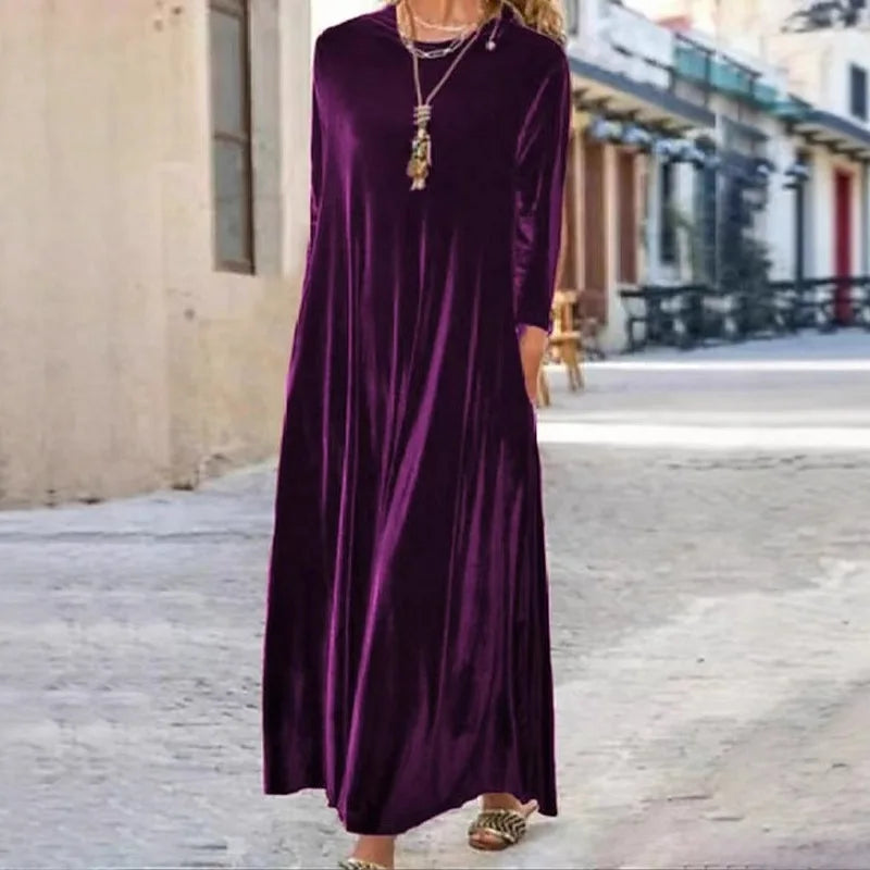 2025 Elegant Long Sleeve Velvet Dress Autumn Spring New Style Puffy Collar Slimming Tummy Covering Mid-Length Sleev Dress