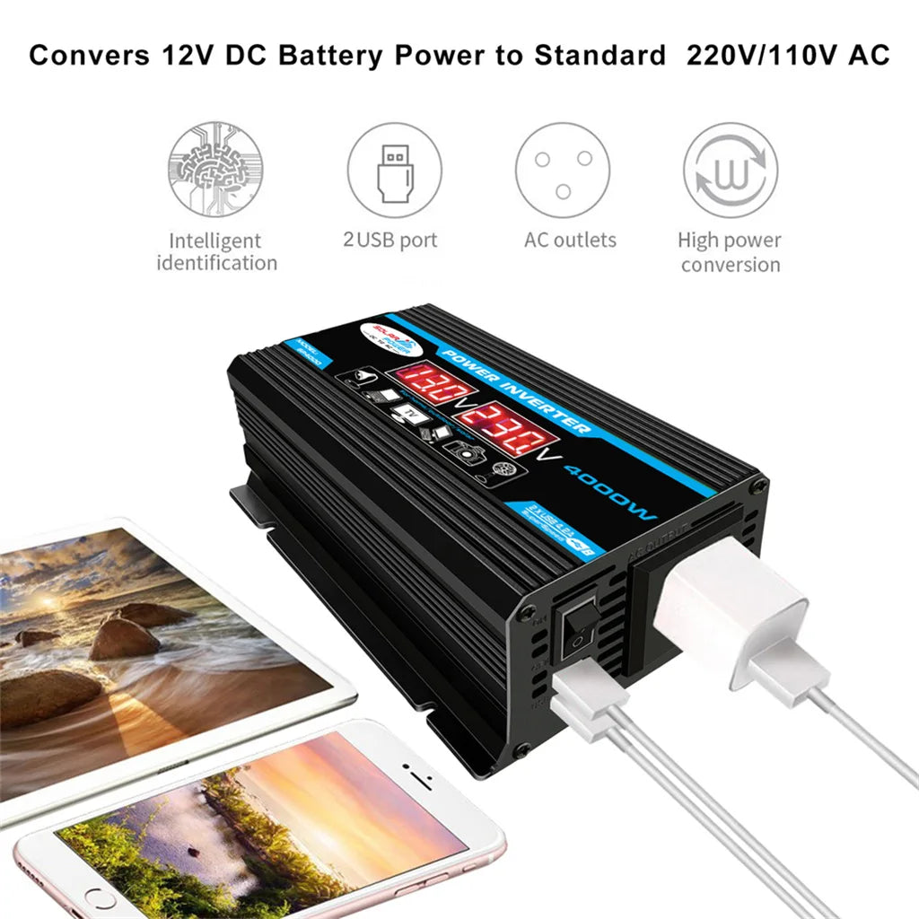 [Hot Sale] 4000W Power Inverter 12V to 220V/110V with USB Port – Solar/Car/Home Use, Pure Sine Wave for LED Display, RV, Camping
