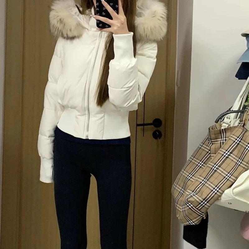 Winter New Women's Faux Fur Hooded Thick Padded Coat Slim Waist Short Cotton Jacket Sweet Style Warm Outerwear Parka