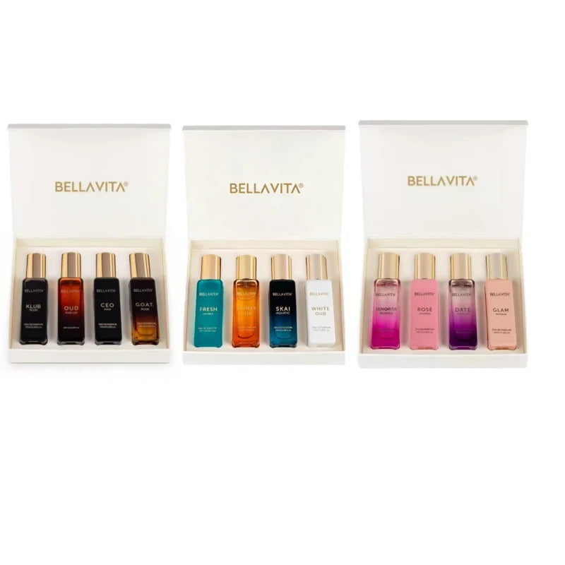 Bella Vita Women's Luxury Long-Lasting Perfume Gift Set | 4 x 20ml, Floral Fruity Fragrance & Men's Luxury Perfume Gift Set