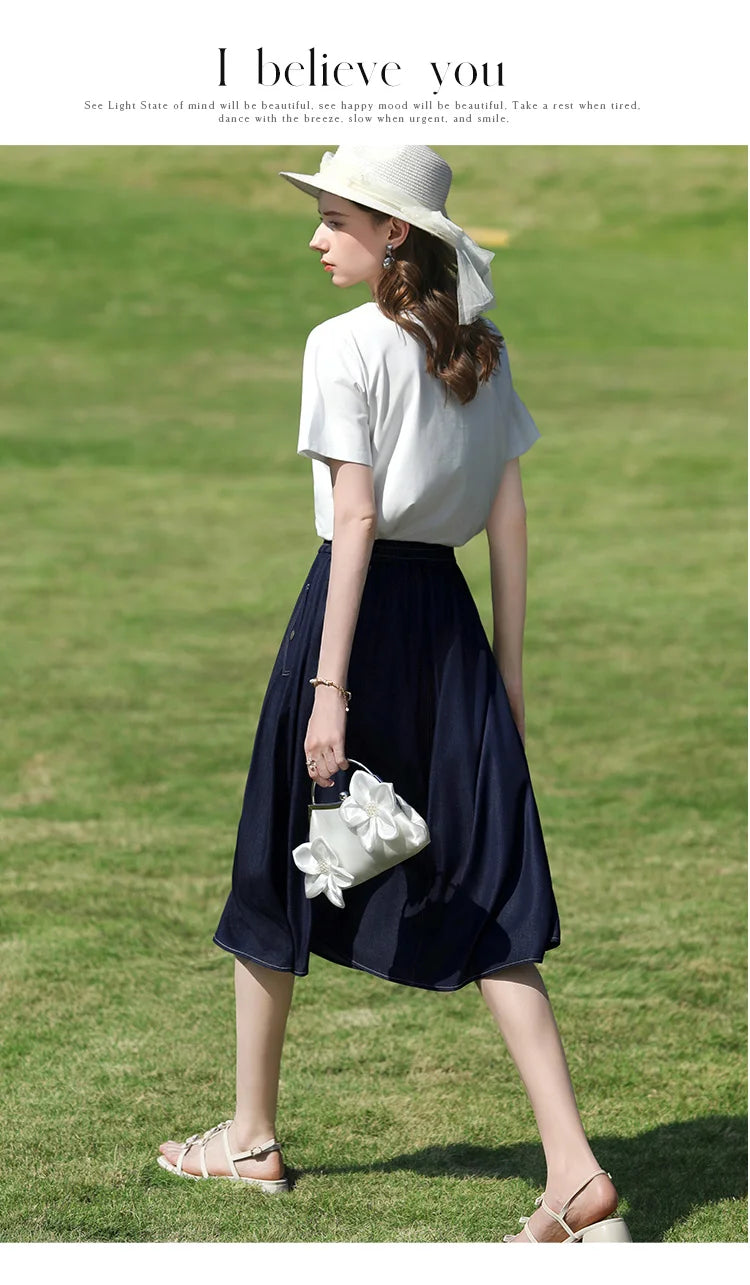 I BELIEVE YOU Dark Blue Denim Midi Skirt for Women 2026 Spring Elastic Waist Skirts Casual A-Line Skirt with Pockets 2261026207