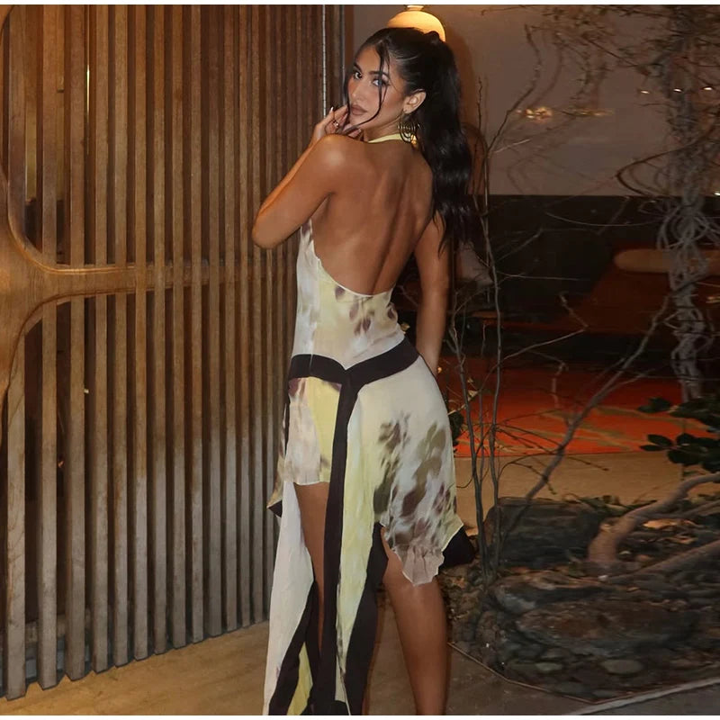 Yellow Brown Tie-Dye Midi Dress Print Halter Neck Open Back Asymmetric Hem Chiffon Dresses 2026 Party Women Fashion Chic Outfit
