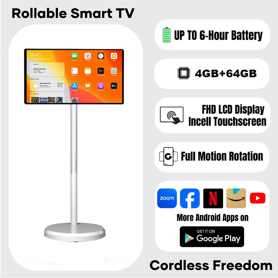 Mobile Touch Screen Lcd Tv 21.5 Inch White Mini Tv 4G+64G FHD Smart Television Android Portable Smart Tvs For Entertainment