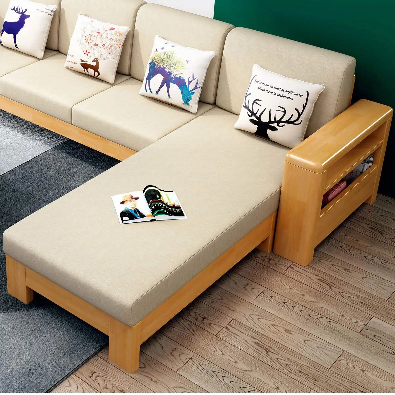 For Living Room Full Solid Wood Sofa Combination of Modern Chinese Small Apartment Three Solid Wood Fabric Sofa Bed