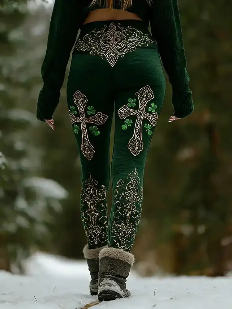 Shopfull Women's Green Forest Graphics Leggings 2026 Outdoor Trousers Stretch Elastic Waist Control Streetwear Polyester Spandex