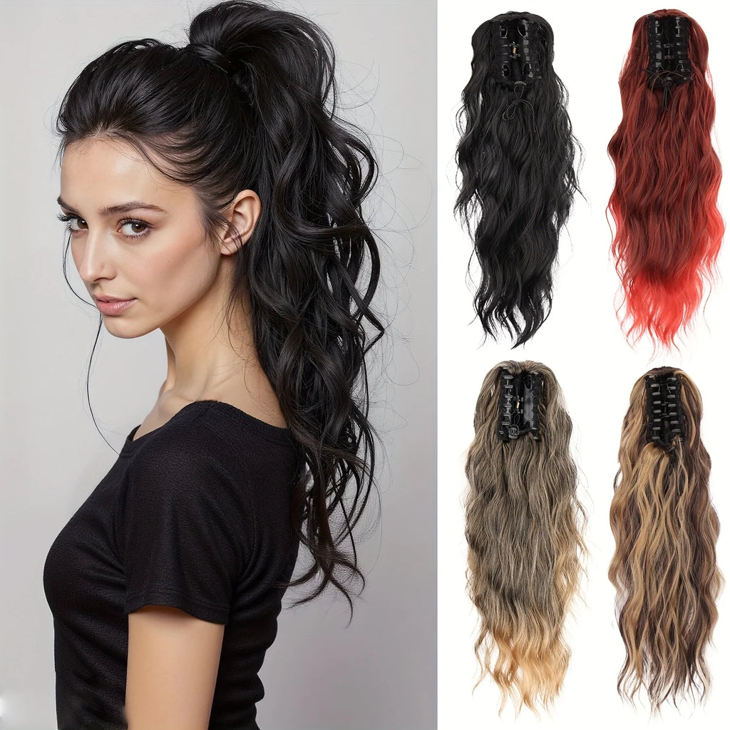 Black White Ombre Claw Clip Ponytail Hair Extensions Wavy Synthetic High Ponytail Hairpiece For Women