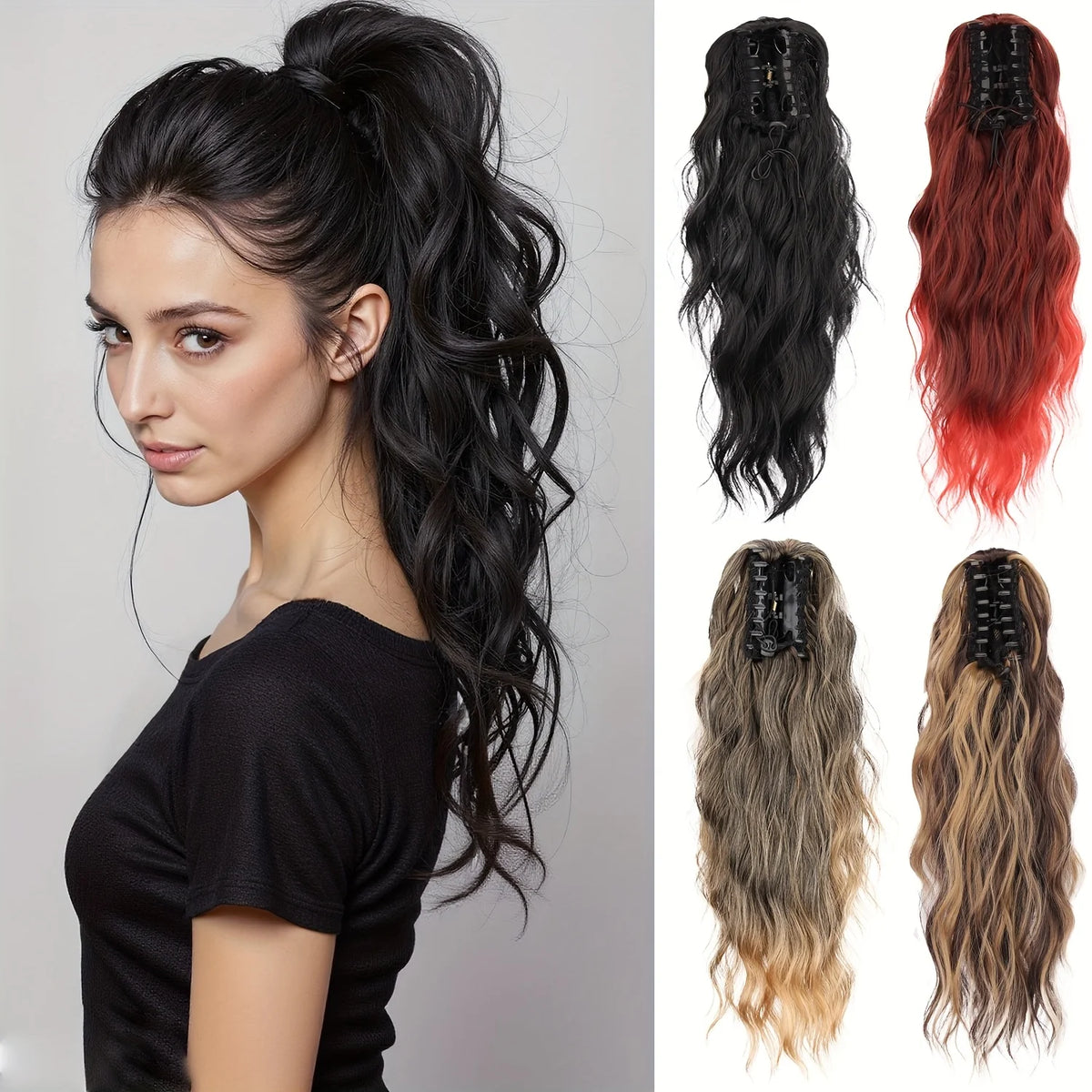 Black White Ombre Claw Clip Ponytail Hair Extensions Wavy Synthetic High Ponytail Hairpiece For Women