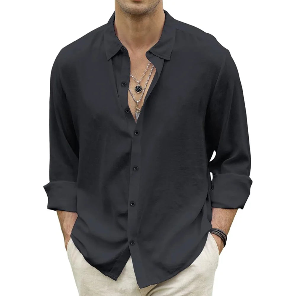 Men Beach Shirts Cotton Linen Shirts Men's Causal Loose Solid Color Long Sleeves Men's Autumn Hawaiian Streetwear