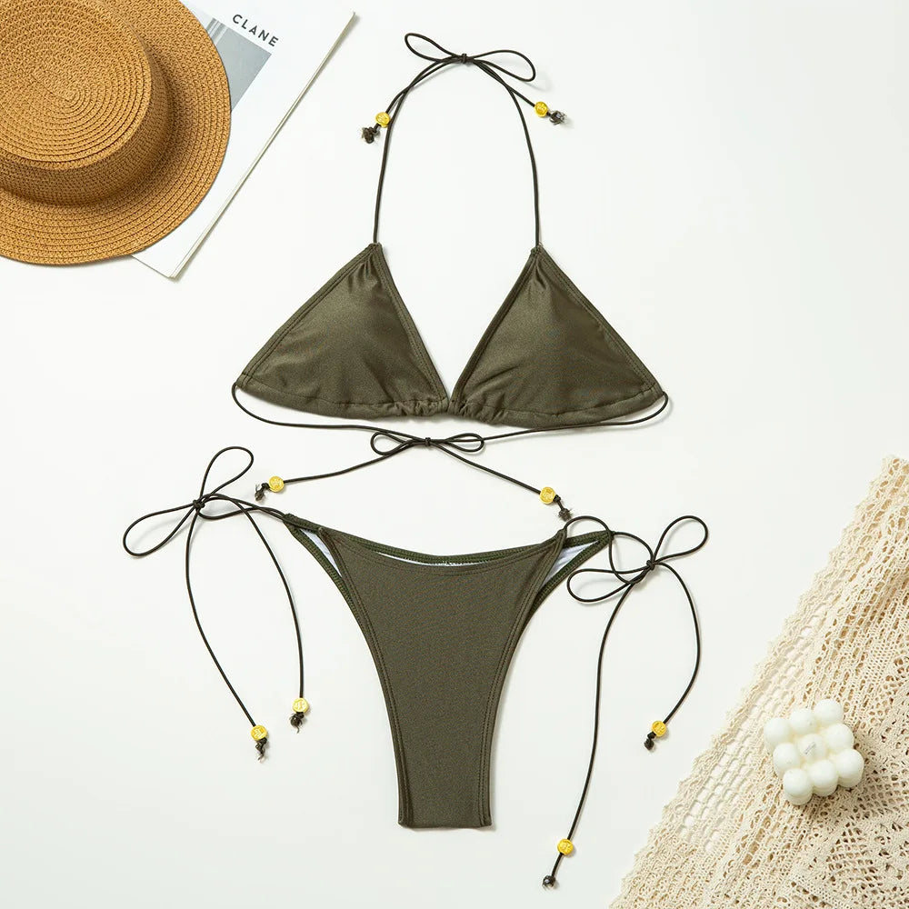 Women Bikini Two Piece Summer Sexy Halter Neck String High Waist Backless Solid Slim Holiday Beach Swimsuit Brazilian Swimwear