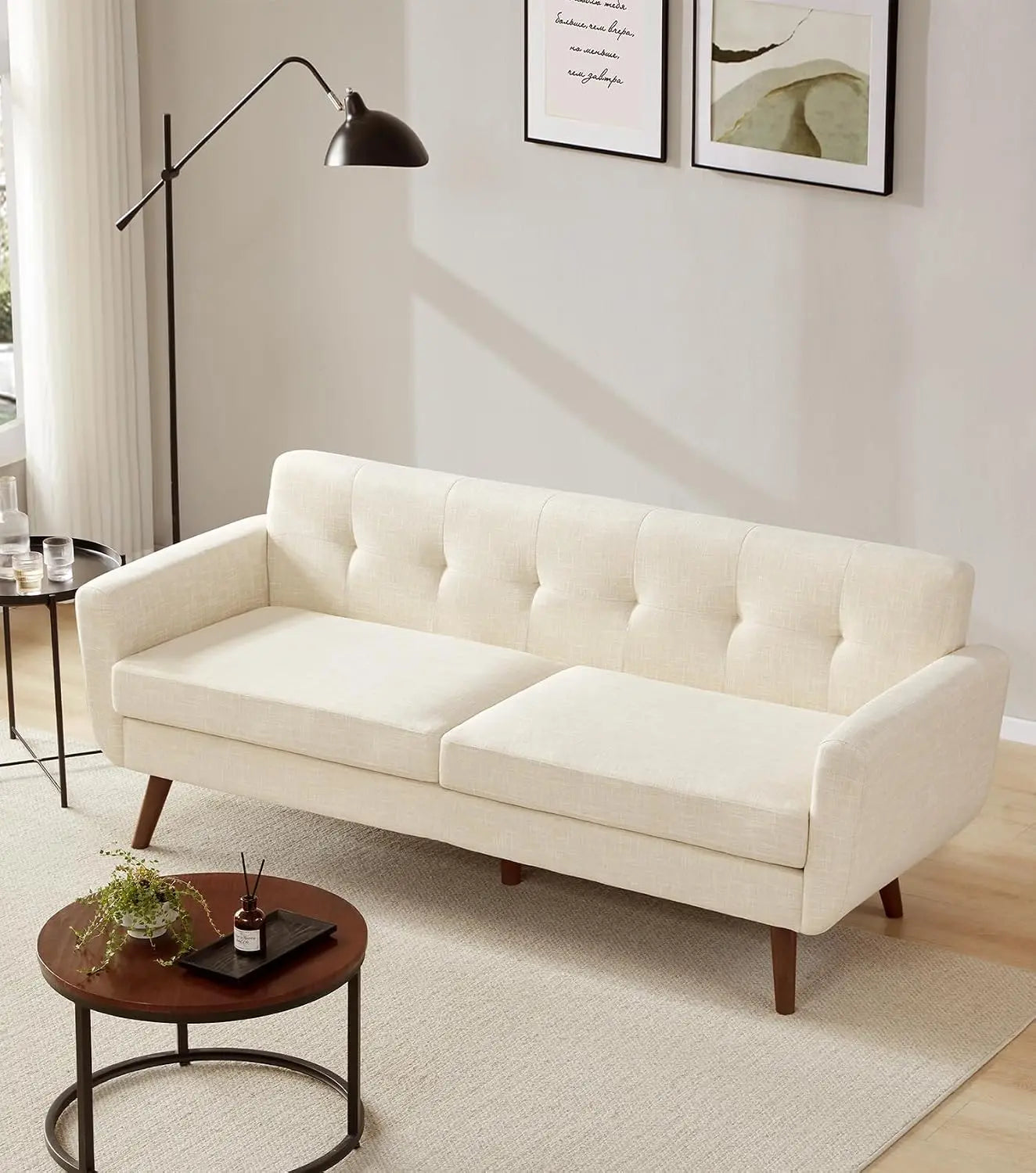 Loveseat Sofa Mid Century Modern Button Tufted Linen Upholstered Solid Wood Easy Assembly Living Room 77" Beige, Customized