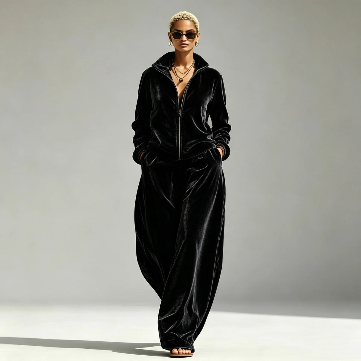 Autumn Winter Warm Gold Velvet Two Piece Set Women's Fashion Solid Zipper Open Coat With Wide Leg Pants Set Ladies Office Outfit